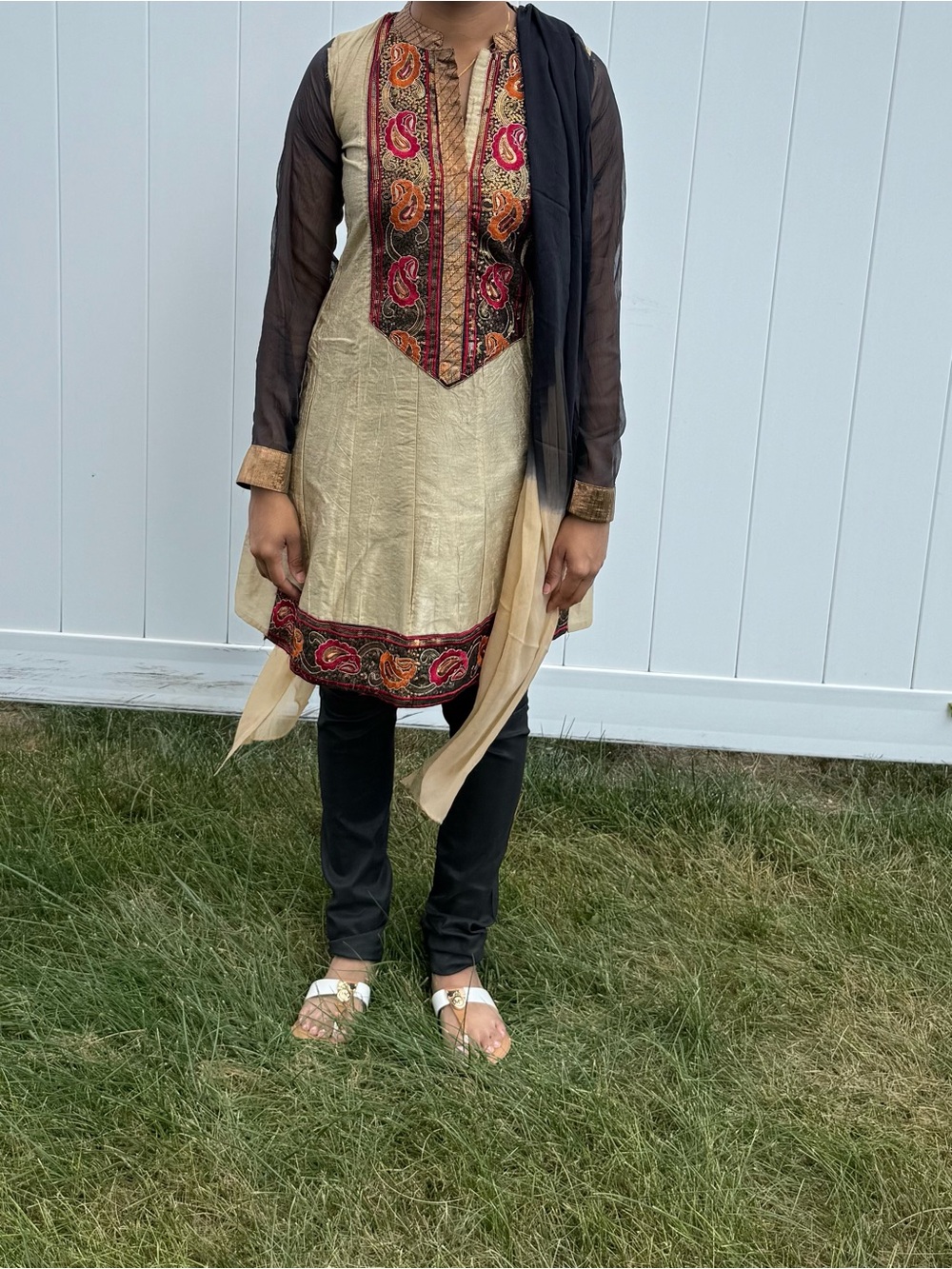 Punjabi Embroidered Beige & Black Pajama Suit with Paisley Detail